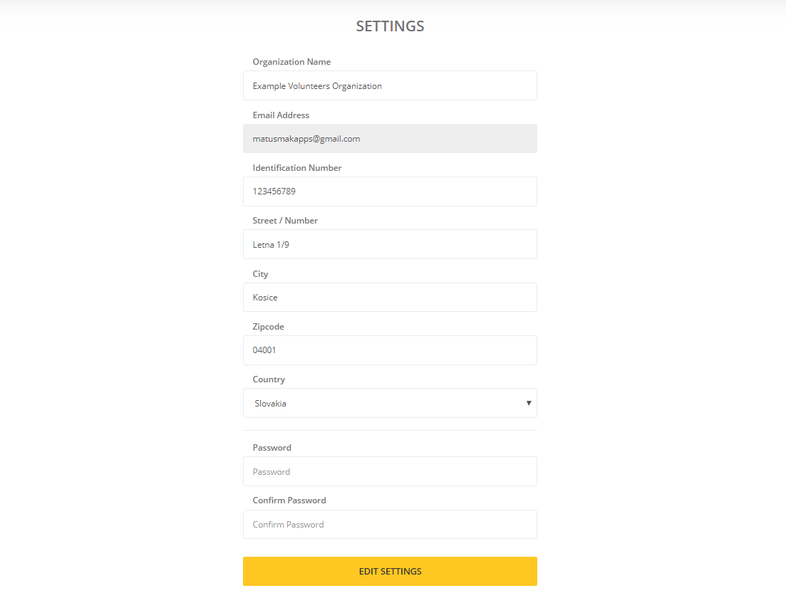 Settings page