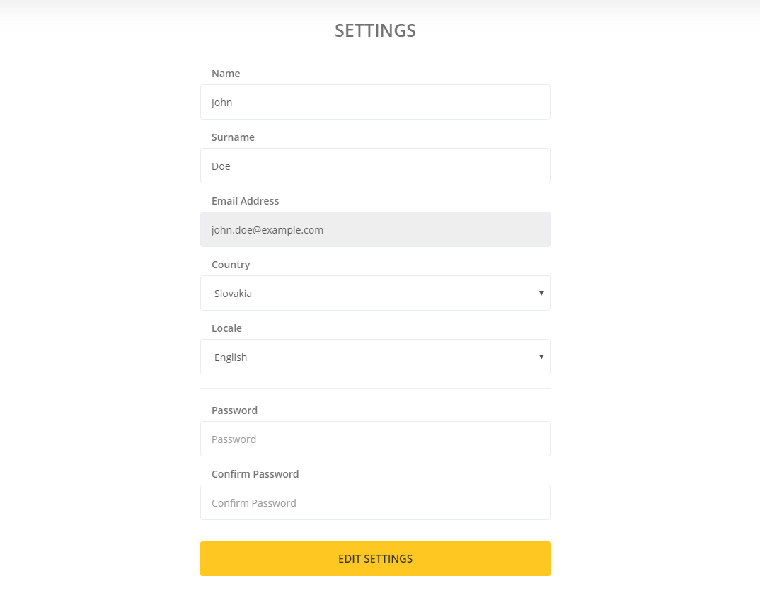 Settings page